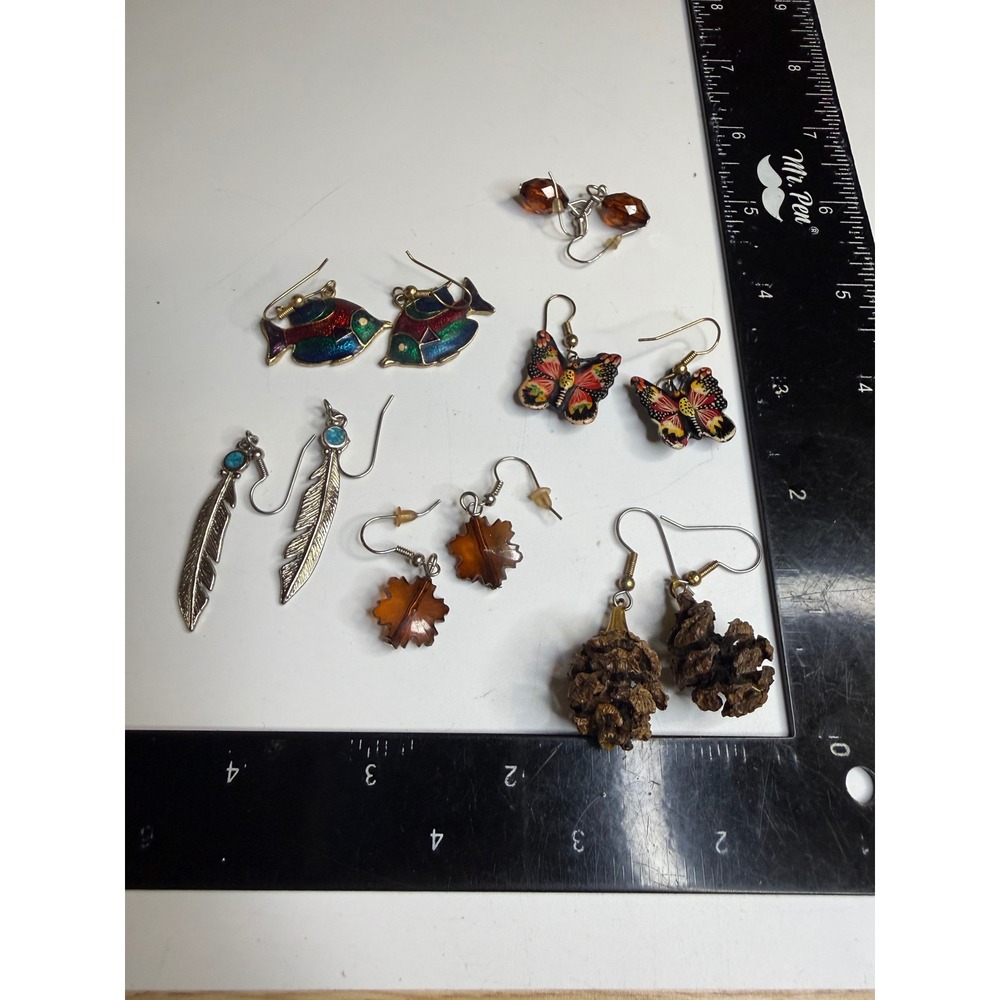 Mixed Lot 6 Pairs Nature Earrings Fish Butterfly Feather Leaf Pinecone Boho